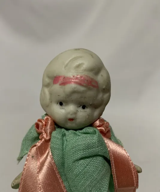 Japan All Bisque jointed Arm 3 1/2” Mini MinIature Antique Doll Dressed