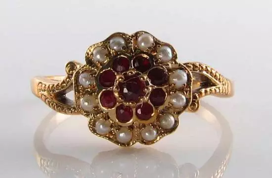 Divine 9K 9Ct Gold Indian Ruby Pearl Cluster Vintage Ins Ring Free Resize