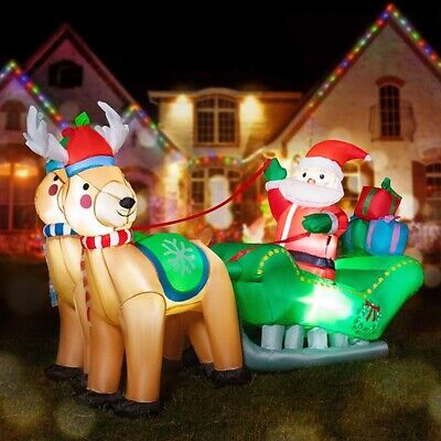 7FT Inflatable LED Santa Claus Reindeers W/ Sleigh Christmas Yard Decoration