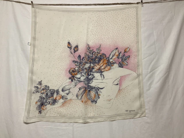 Foulard En Soie Vintage Krizia – Motif Floral, Couleurs Vert Bleu Violet-rose Crème, Femme
