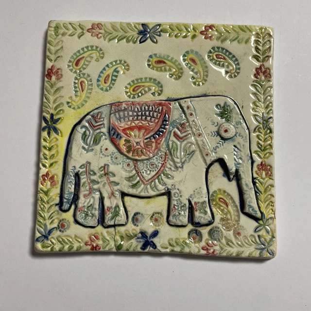 6” Elephant Handmade Porcelain Art Tile Wall Decor Sculptured Trivet Backsplash