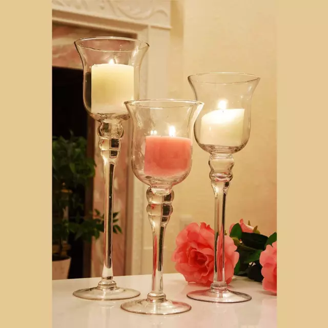 Set of 3 Tall Glass Large Candle Holders Centrepiece Tea-Light Wedding Candles T
