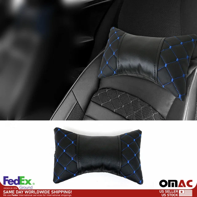 1x Car Seat Neck Pillow Head Shoulder Rest Pad PU Leather Black Blue Stitches