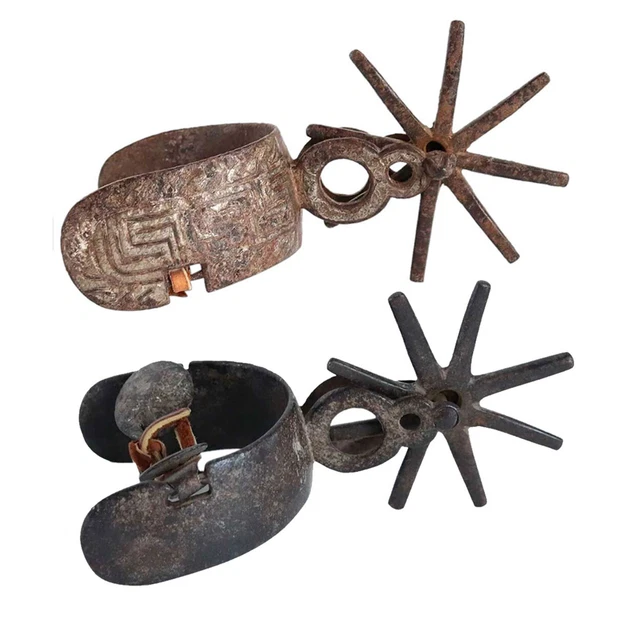 1880s Antique 2 Similar Mexican Silver Inlaid Forged Iron Vaquero Boot Spurs