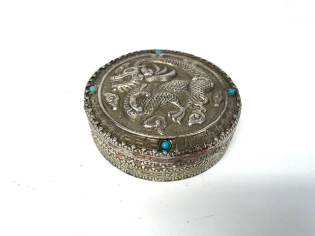 Vintage Silver on Copper Repousse Chased Chinese Dragon Covered Trinket Box Bowl