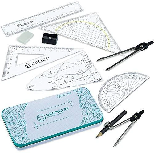 CALCUSO Set de Géométrie 10 pièces pour l'école avec Compas Rapporteur Équerr...