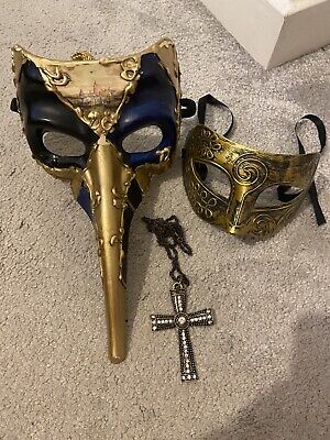 2 Masks Venice Zanni Venetian Long Nose Symphonia Blue Golden Necklace rare