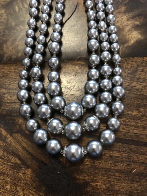 Gorgeous Vintage 3 Strand Gray Faux Pearl Necklace with Silver Tone Marked Japan