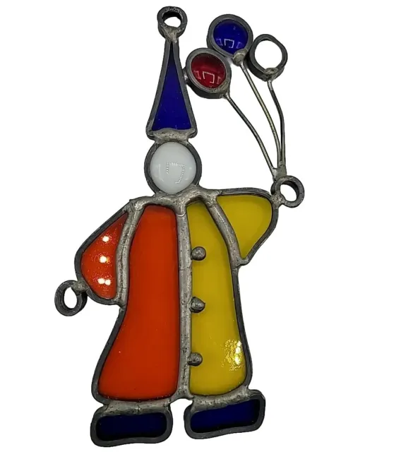 Vintage Hanging Stained Leaded Glass Art Clown Holding Baloons Hanging Figurine