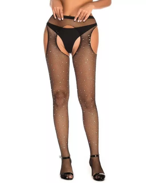 Lau-Fashion Strapse Halter Strass Strümpfe Strumpfhose Schritt Offen Gogo S/M/L