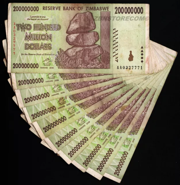 200 Million Dollars Zimbabwe x 10 Banknotes, AA 2008, Authentic Currency w/ COA