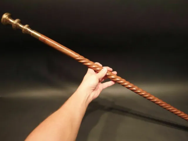 Vintage Antique Brass Style Wooden Victorian Spiral Carved Walking Stick Cane