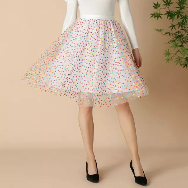 Womens Elastic Waist Pleated Tutu Dress Party Polka Dot Layered Mesh Tulle Skirt 2