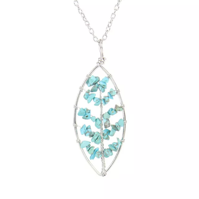 Natural Turquoise Crystal Tree of Life Leaf Pendant Necklace Healing Reiki