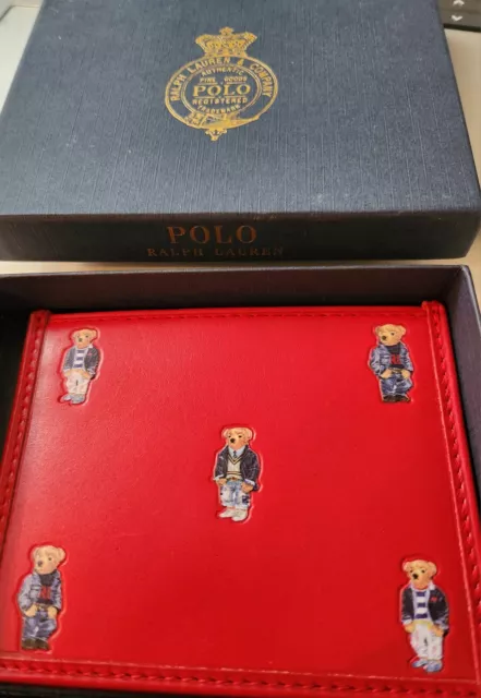 NEW Polo Ralph Lauren Polo Bear Signature Wallet Slim Card Case Red Leather