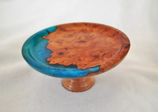 Beautiful Hand turned burr elm wood and blue resin pedestal bowl.