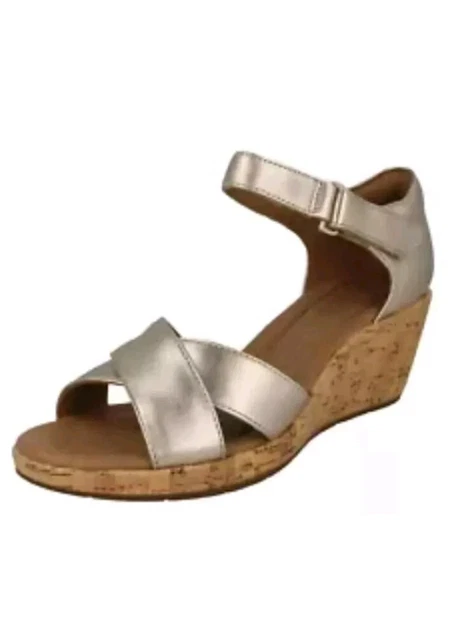 CLARKS SIZE 6 D EU 6.5 UN PLAZA CROSS UNSTRUCTURED WEDGE SANDALS Gold LEATHER 35.99 PicClick UK