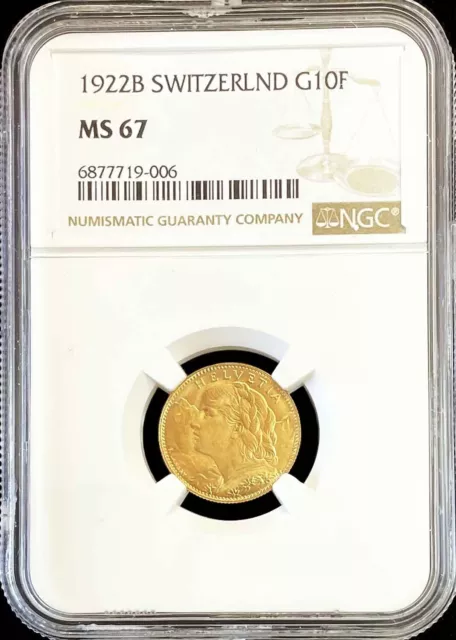 1922 B Gold Switzerland 10 Francs Helvetia Coin Ngc Mint State 67