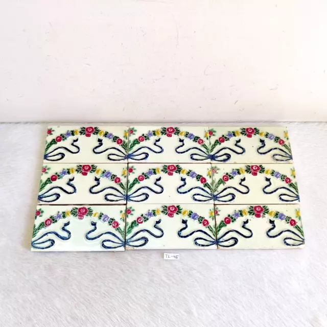 1930s Vintage Flower & Ribbon Embossed Architecture Furniture Tile Set Of 9 TL45