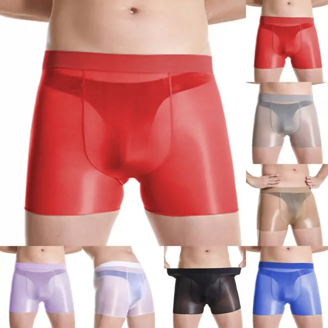 Stylish Elastic Boxer Briefs for Men Shiny Oil Finish See Through Underwear