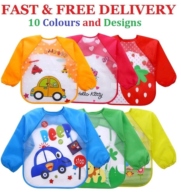 Baby Kids Bibs With Full Long Sleeve Baby Toddler Weaning Feeding Apron Smock UK