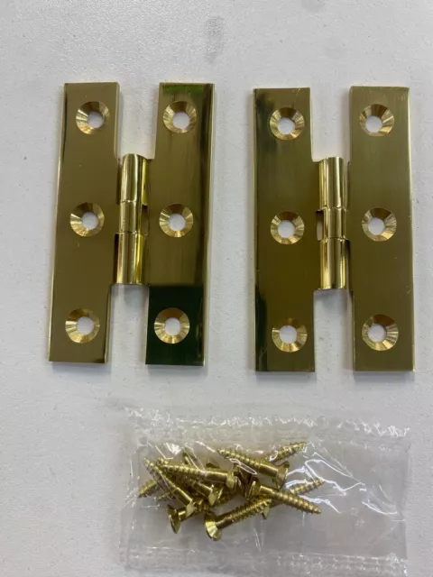 POLISHED BRASS H HINGES DECORATIVE 1 pair SOLID 65mm 2 1/2" LAY FLAT (FTD810)