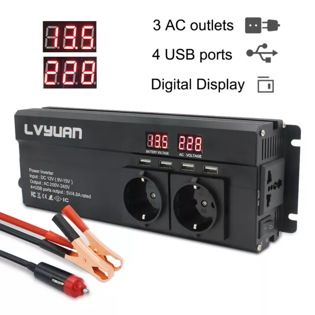 Auto 1000W 2000W Spannungswandler 12V auf 230V Wechselrichter 4USB 3AC Schwarz