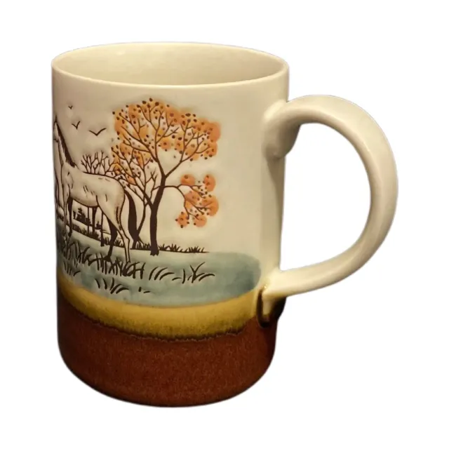 Rare Stoneware Coffee Mug Farm Field Horses Farmhouse Trees Tea Cup Pottery