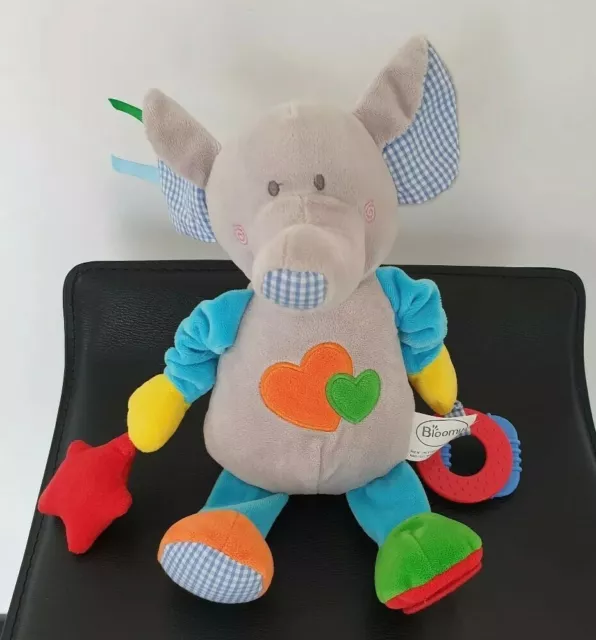 Doudou Peluche Éléphant Gris Bleu Jaune  Bloomy Activité Miroir Pouet Papier TBE