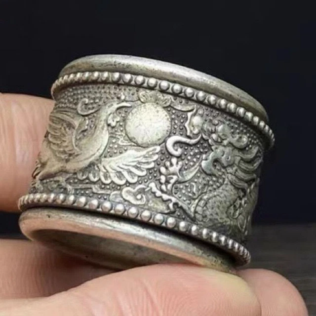 Old Chinese tibet silver handcarved Dragon Phoenix turn Ring Guangxu Mark e735