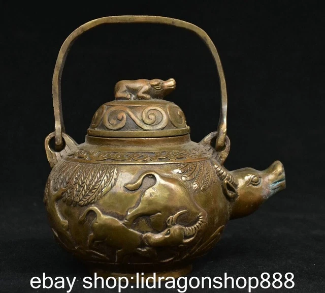 4.8 "Chine antique cuivre dynastie 5 vache pot théière statue