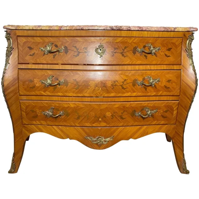 Large French Louis XVI Style Bombe Marquetry Canted Corners Marble Top Credenza