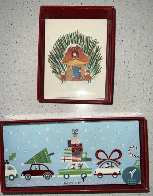 Papyrus Christmas Cards Boxed Blue Cars Glitter 16 Gnome For The Holidays 20 NIB