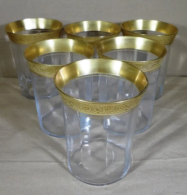 6 Vintage Minton Glass Tumblers Wide GOLD RIM Tiffin-Franciscan 4" tall