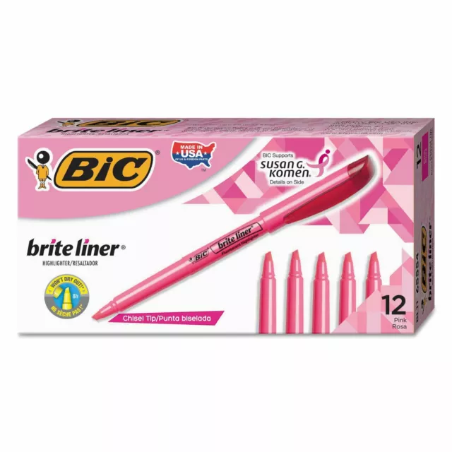 BIC Brite Liner Highlighter Chisel Tip Fluorescent Pink 12 Ct Super Bright