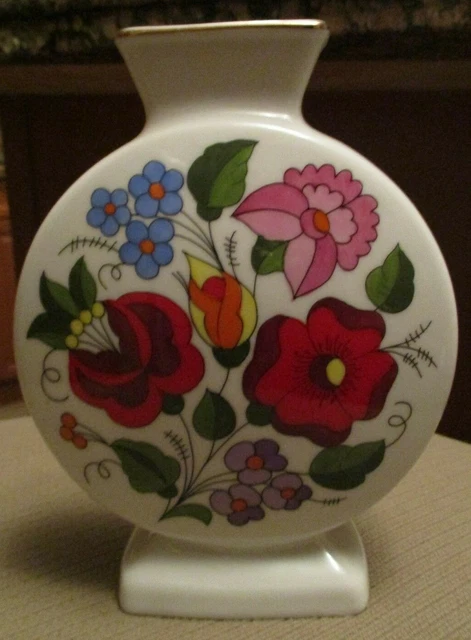 Kalocsa Hand Painted Floral Folk Art Design Porcelain Vase Hungary