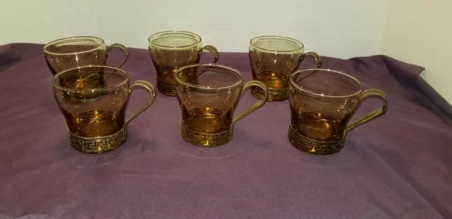 Libbey-Gold and Amber "Greek Key" Glass Coffee Cups (6) Vintage MCM