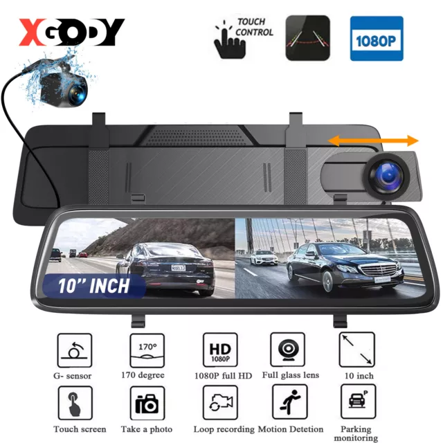 XGODY 10" Auto DVR Dash Cam Specchietto 1080P Videocamera HD Doppia Registratore