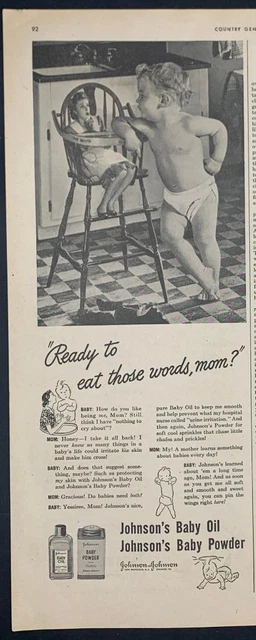 Magazine Ad* - 1945 - Johnson's Baby Powder - World War 2 - Mom in highchair