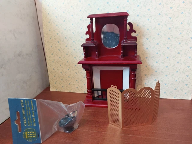 Dolls House Furniture 1.12th Scale Mahogany Victorian Fireplace & Accessories
