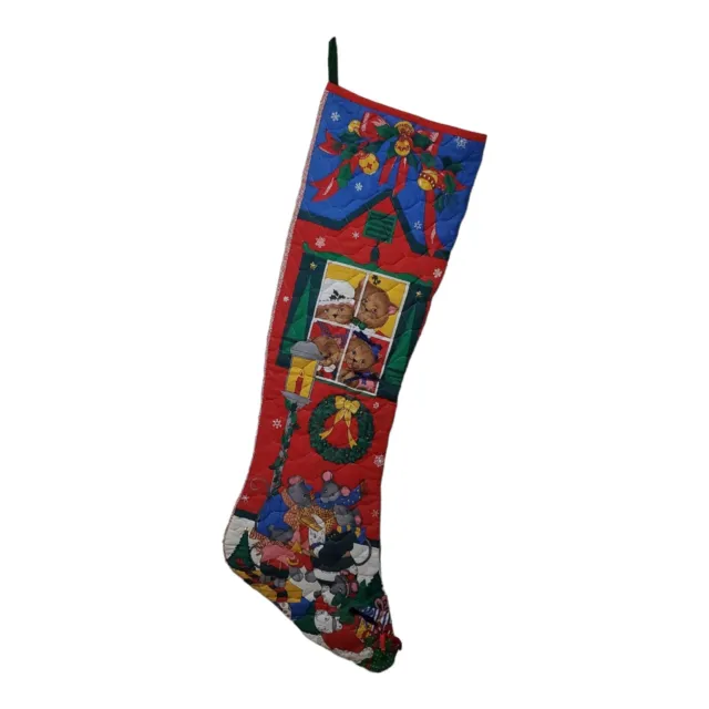 Vintage Large 40" Christmas Stocking Handmade Quilted Fabric Cats & Mice Caroler
