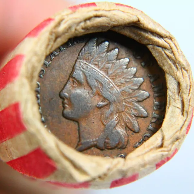 Full Liberty Indian Cent On The End of a 50 Coin Wheat Penny Roll