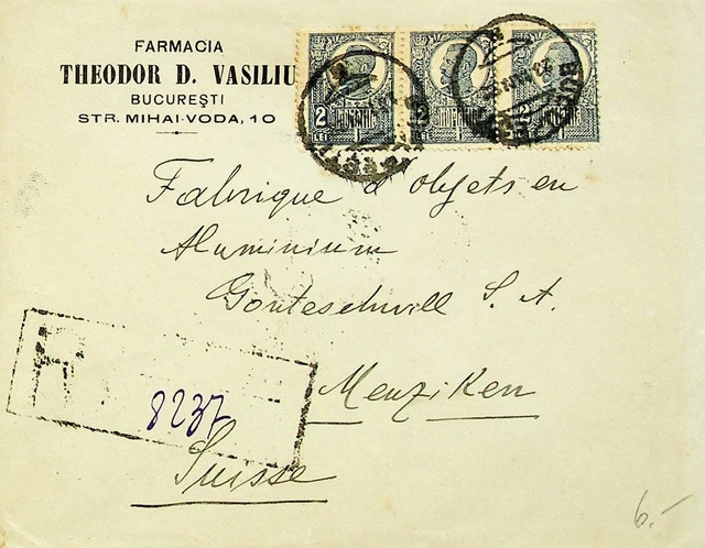 ROMANIA 1922 3x2 LEI ON BUCURESTI REGD COVER TO MENZIKEN SWITZERLAND