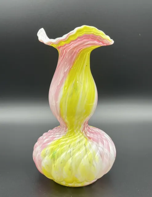 Vintage  Hand Blown Spatter Art Glass Vase End-Of-Day Ruffled Pink Yellow Ribbon