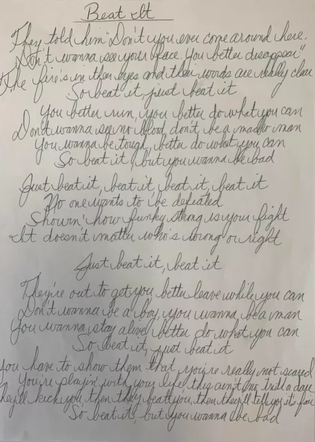 MICHAEL JACKSON Handwritten Signed Lyrics 'Beat It' 2 pages - preprint