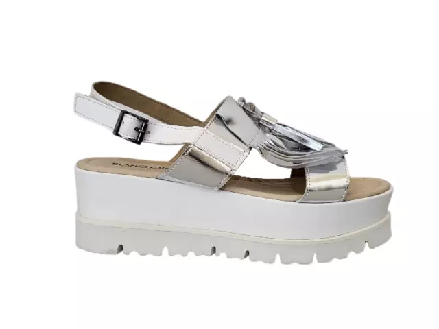 Scarpe Sandali Donna Sofia Piani Pelle Argento Bianco Zeppa Cinturino Made Italy