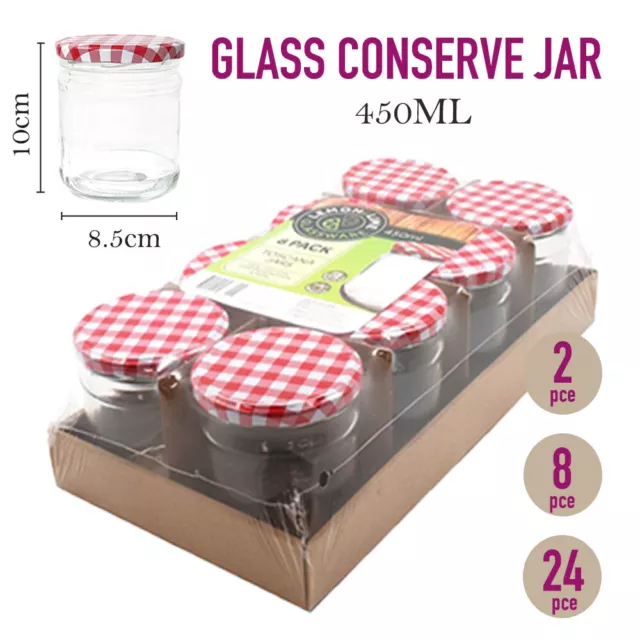 2/8/24x 450ML Glass Conserve Jars Screw Lid Honey Jam Preserving Jar Airtight