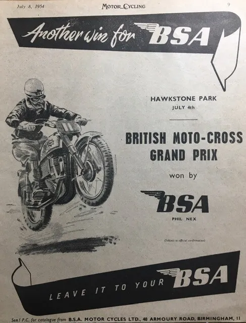 BSA BRITISH MOTO CROSS SUCCESS ORIGINAL 1954 B/W ADVERT 23cm x 18cm