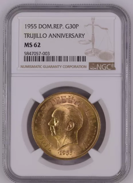 1955 Dominican Republic Gold 30 Pesos Trujillo Anniversary NGC MS 62