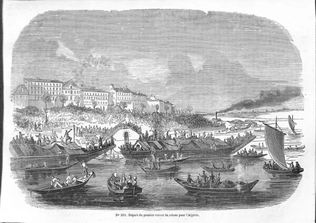Paris Quai De Bercy Depart 1° Convoi Colons Vers Algerie Gravure Engraving 1848